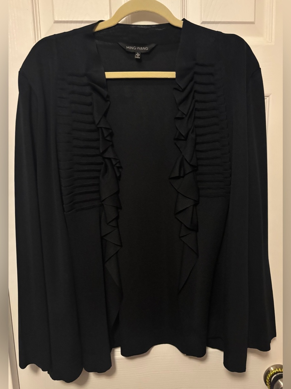 Ming Wang Black Open-Front Cardigan with Ruffle Trim